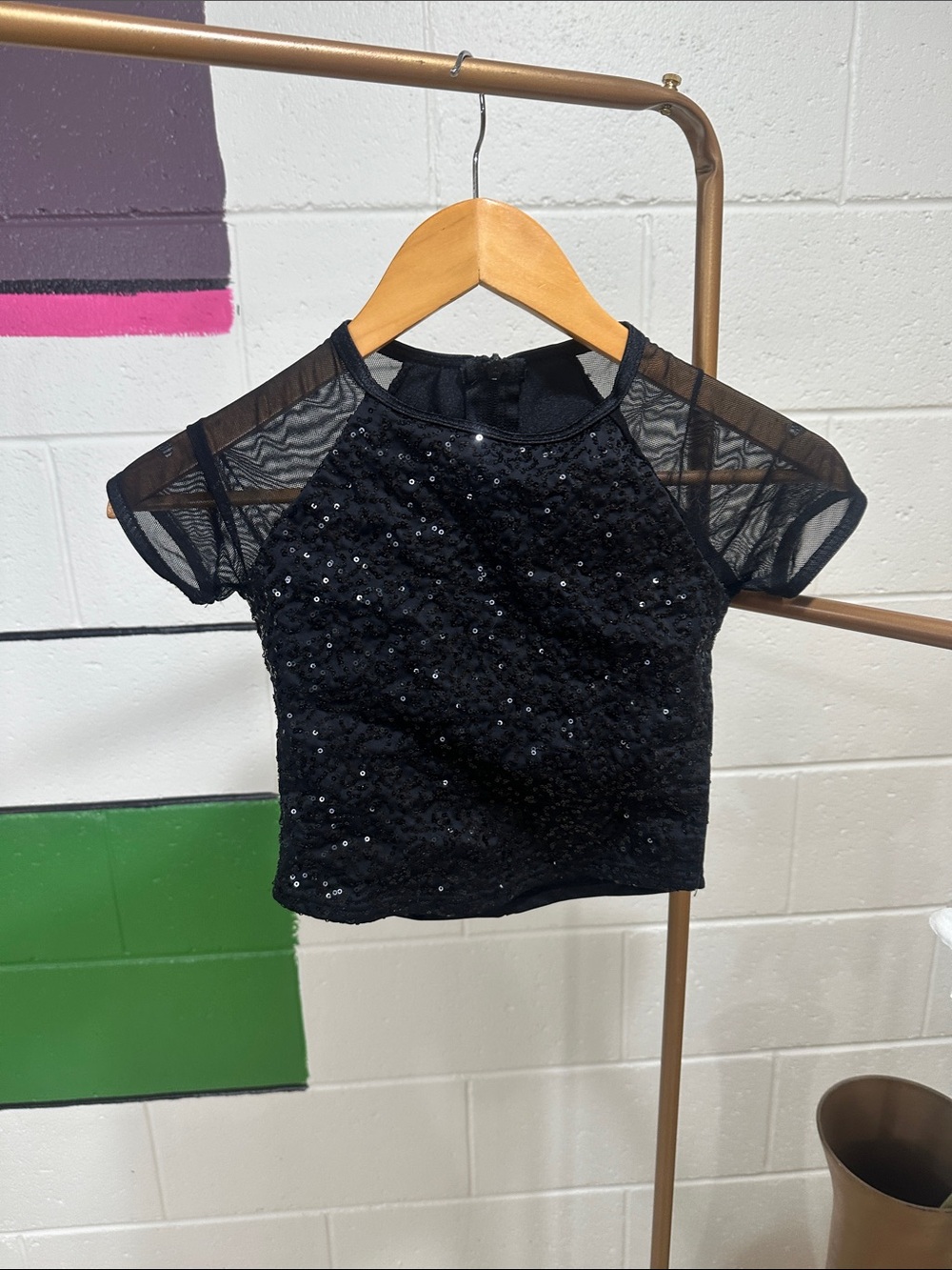 Girls Black Sequin & Mesh Short Sleeve Top